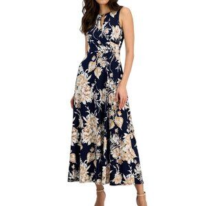 Studio One New York Navy Blue Floral Maxi Dress Sleeveless Keyhole Accent
